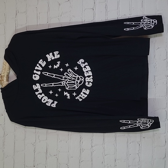 People Give Me The Creeps Skeleton Halloween Hooded Long Sleeve Shirt Womens Med - Picture 4 of 12